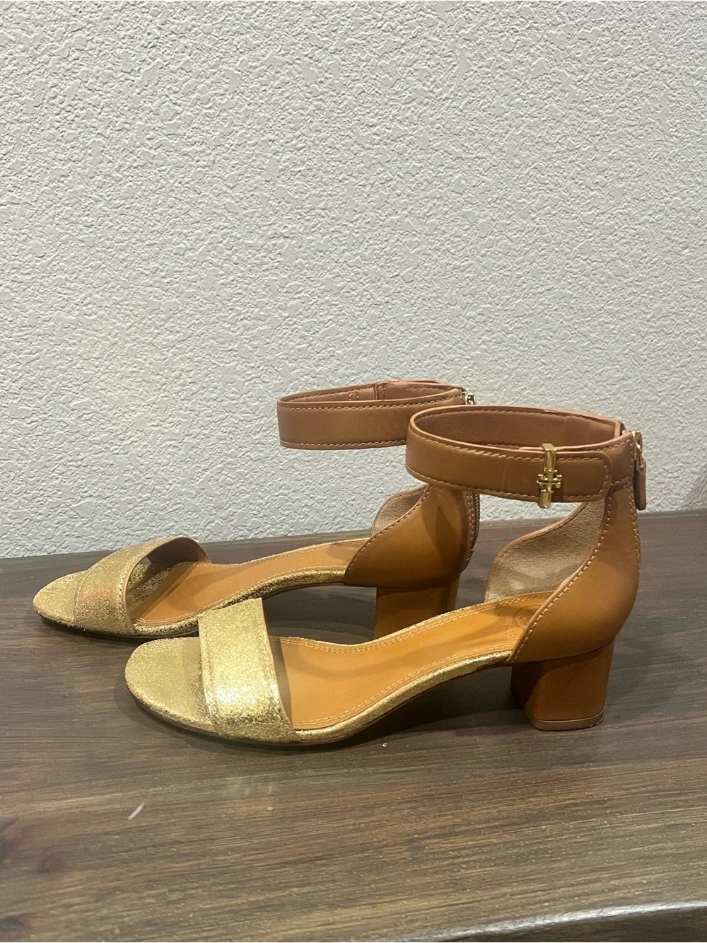Tory Burch | Tana Ankle Wrap City 2” Heels Leather Block Heel Tan Gold